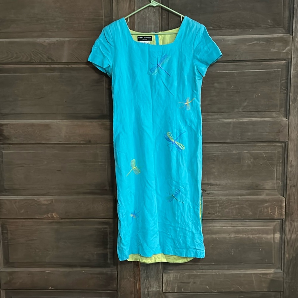 Donna Morgan Petites Teal /Green Embroidered Dragon‎ Fly Dress.  Size 14